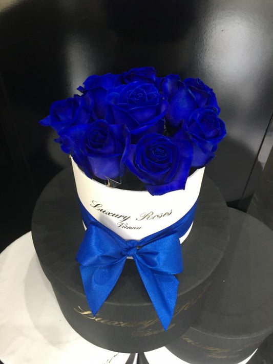  A stunning Mini Navy Blue Roses Box featuring deep blue roses elegantly arranged in a chic, compact box, symbolizing mystery and sophisticated love.