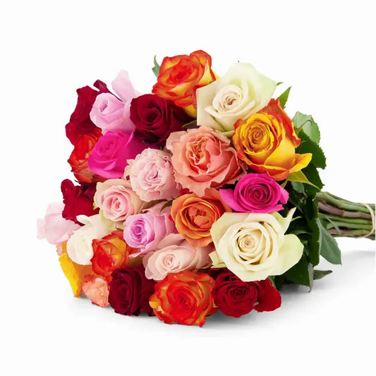A minimalist Mixed Roses arrangement featuring a variety of vibrant roses in shades of red, pink, white, and yellow, arranged simply to highlight their natural beauty and elegance.